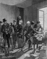 Arrest in Paris of nihilists Reinchtein and his wife. Engraving towards the end of the 19th century (1890?)