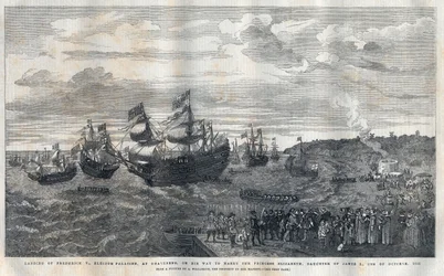 Arrival of Frederick V from the Palatinate in the port of Gravesend to marry Princess Elisabeth of England, daughter of King James I on 16 October 1612. He was welcomed by James Hay, 1st Earl of Carlisle.