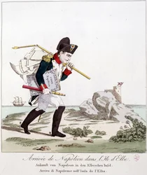 Arrival of Napoleon on the Island of Elba, carrying the Code Napoléon under his arm - in "Napoleon I, caricatures, collection of dummies", c. 1814