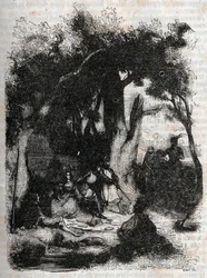 Arrival of Rodomont and Mandricard to the fountain of Merlin - engraving of 1851 from “Roland furieux” (Orlando furioso) (16th century) by Ludovico Ariosto, known as the Ariosta - Edition translated from Italian by the Count of Tressan