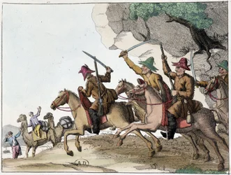 Attack of camel caravan by a group of Kyrgyz on horseback, early 19th century