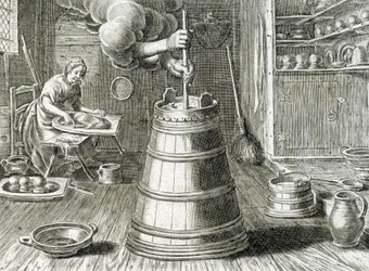 Churn for butter and cheese making - engraving
