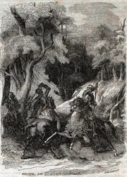 Battle between Roland and Ferragus - engraving of 1851 from Furious Roland (Orlando furioso) (16th century) by Ludovico Ariosto, known as the Ariosta - Edition translated from Italian by the Count of Tressan and published by Gustave Harvard 1851