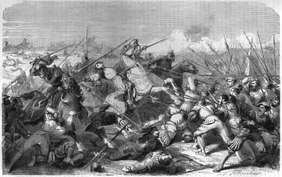 Battle of Ravenna, death of Gaston of Foix Duke of Nemours on 11 April 1512. Engraving of the 19th century