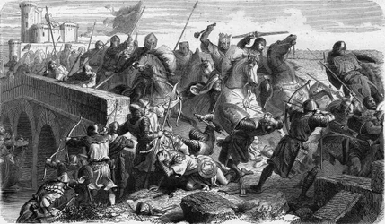 Battle of Taillebourg in 1242, Capetian troops of King Louis IX of France and his brother Count of Poitiers Alphonse against revolting vassals Henry III of England and Hugues X of Lusignan