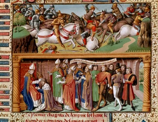Battle scene and coronation of Emperor Lothair II of Supplinburg (or Lothair III of the Holy Empire, Emperor of the Holy Roman Empire) (1075-1137). Miniature in "Le Miroir historial" (Speculum Historiale) (MS 1196, fol. 245r) by Vincent of Beauvais (11