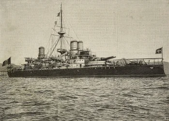 Battleship Sardegna in sailing trim, Italy, engraving from photograph by Conti Vecchi from L