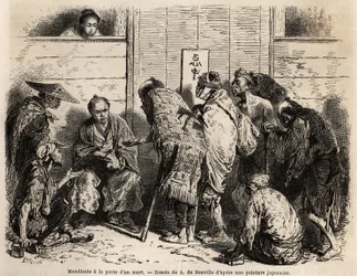 Beggars at the door of a dead man, customary practice imposes on wealthy families the obligation to set up at the door of their house, on the eve of the funeral ceremony, a servant responsible for distributing alms in small currency to all the poor who