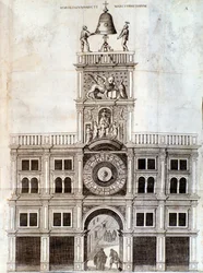 Bell tower of San Marco church in Venice. Page from De campanis by Rocca