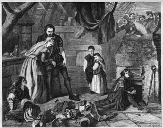 Bernard Palissy (1510-1590), French enameller, preferring to destroy his ceramics rather than sell them at a low price. Engraving in 