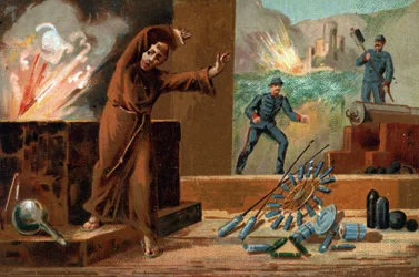 Berthold Schwartz, German chemist, inventor of gunpowder and Franciscan monk. Chromolithography of the 19th century