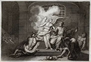 Bible of Royaumont, New Testament: Saint Peter released from prison (illustration from 1811)