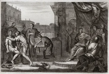 Bible of Royaumont, Old Testament: Ambassadors of David. David sent Joab against the Ammonites to take revenge for the insult that Hanun their Prince had made to his ambassadors, whom he had taken for spies. Illustration from 1811