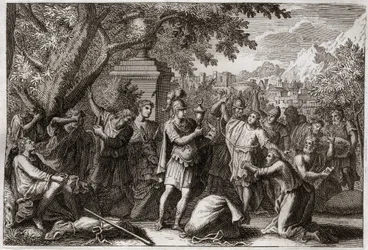 Bible of Royaumont, Old Testament: Brothers of Joseph. Joseph has his brothers put in jail. Illustration from 1811.