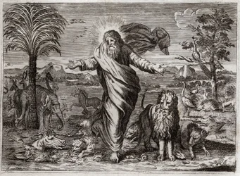 Bible of Royaumont, Old Testament: Creation of the World. God creates Heaven and Earth out of nothing, and in six days adorns it and populates it with creatures of all kinds. Illustration from 1811.