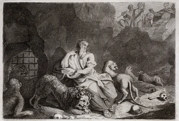 Bible of Royaumont, Old Testament: Daniel in the Lions pit. Daniel is put into the Lions pit, and miraculously is drunk. Illustration from 1811.