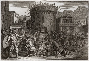 Bible of Royaumont, Old Testament: Death of Abimelech. Abimelech is killed by a woman who crushes him with a stone at the siege of Thebez. Illustration from 1811