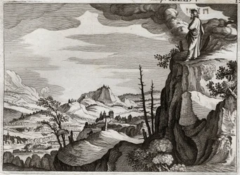 Bible of Royaumont, Old Testament: Death of Moses. God shows Moses the land of Canaan from the top of Mount Nebo, where he dies, without any knowledge of where his body was. Illustration from 1811
