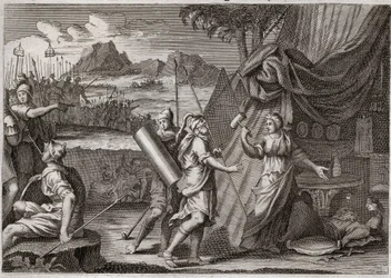 Bible of Royaumont, Old Testament: Death of Sisera. Jael kills the head of the Canaanite army Sisra (Sisera or Sisara). Illustration from 1811.