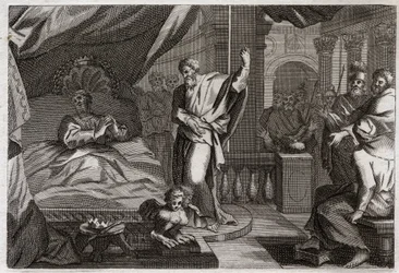 Bible of Royaumont, Old Testament: Hezekiah receives health. King Hezekiah was ill unto death, received health and another fifteen years of life. The prophet Isaiah announces his word: the sign will be to push back the shadow of the clock by ten degrees.