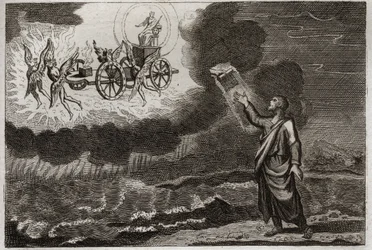Bible of Royaumont, Old Testament: Ezekiel prophet. Saint Prophet had a vision where the Lord appeared to him on a cart, carried by four cherubim (tetramorph). Illustration from 1811.