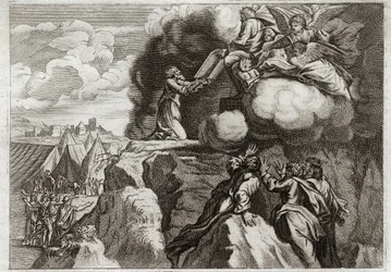 Bible of Royaumont, Old Testament: First Tables of the Law. Moses Receives the 10 Commandments. Illustration from 1811