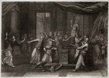 Bible of Royaumont, Old Testament: Generosity of Matathias. Mathathias (Mattathias), father of the Machabees (Maccabees), kills a Jew who sacrificed to Idols by a holy zeal of the law of God. Illustration from 1811