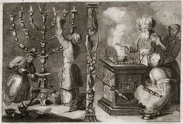Bible of Royaumont, Old Testament: Golden Candlestick with Seven Branches in the Tabernacle. Illustration from 1811
