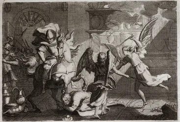 Bible of Royaumont, Old Testament: Heliodore hunting the temple. Heliodore (Heliodoros) sent by his ruler to plunder the Temple of Jerusalem, was beaten with rods by angels. Illustration from 1811.