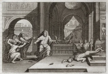 Bible of Royaumont, Old Testament: Idol of Dagon. And when the Philistines put the ark of the covenant in the temple beside Dagon their God, she brought down their idol, and smote them all with a severe plague, which forced them to send her away.