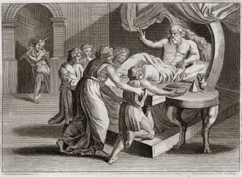 Bible of Royaumont, Old Testament: Isaac blessed Jacob. Isaac, desiring to bless Esau, gives his blessing to Jacob by the wisdom of Rebekah, to whom it belonged according to the plan of God. Illustration from 1811