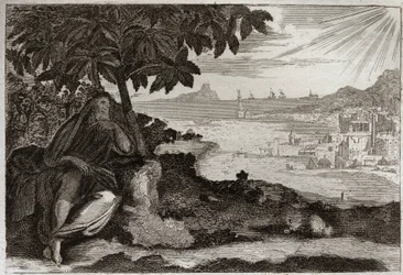 Bible of Royaumont, Old Testament: Ivy dried up. God shows by a sensitive example, to his Prophet Jonah, how much he loves men, and how much pain he suffers when he is forced to punish them. Illustration from 1811.