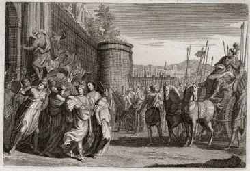 Bible of Royaumont, Old Testament: Jephthah sacrifices his daughter. Jephthah, one of the judges of Israel, vowed to sacrifice to God the first person who would come to him after his victory against the Ammonites. It was his daughter. Illustration from 181