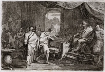 Bible of Royaumont, Old Testament: Joachim released from irons. Evilmerodach, King of Babylon, after the death of Nebuchadnezzar II, treats Joachim, once King of Judah, and releases him from irons to sit on the throne. Illustration from 1811