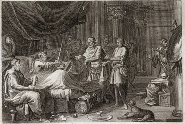 Bible of Royaumont, Old Testament: Judas Maccabee. Judas Maccabee succeeded his father Mattathias in the conduct of the army, and supported all the Jewish people against the oppression of the Seleucids. Illustration from 1811.