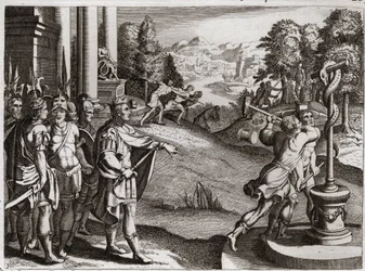 Bible of Royaumont, Old Testament: King Ezechias. Ezekiah, King of Judah, applies to the worship of God and causes the idols that his people worshipped before they became King. Illustration from 1811