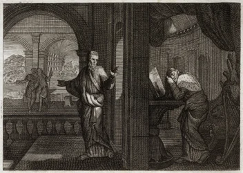 Bible of Royaumont, Old Testament: Penitence of David. God sends his Prophet Nathan to David to represent his fault. The regret that this holy King conceded from it makes him accept all the evils that the Prophet predicted him. Illustration from 1811.