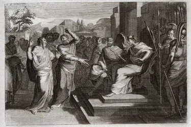 Bible of Royaumont, Old Testament: Piety of Jehoshaphat. Jehoshaphat, the most pious king of Judah, makes all the princes around him tremble, and testifies in various ways his piety toward God, which made him victorious over his enemies. Illustration from 