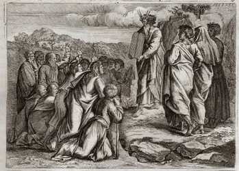 Bible of Royaumont, Old Testament: Second Tables of the Law. God gives Moses other tables (Ten Commandments), which the people receive with respect. Illustration from 1811