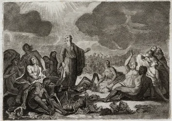 Bible of Royaumont, Old Testament: Second vision of Ezekiel. The vision that the Prophet Ezekiel had from several bones all dried up which took up a human form. Illustration from 1811.