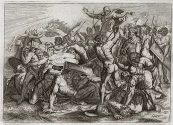 Bible of Royaumont, Old Testament: Sun Stop. Joshua Makes the Sun Stop to Defeat His Enemies. Illustration from 1811