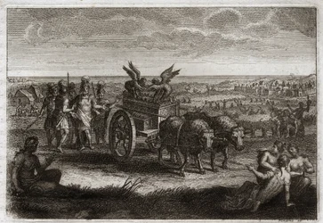 Bible of Royaumont, Old Testament: The Ark returned. The Philistines send the Ark of Covenant back to Judea to avoid the evils it caused them every day. Illustration from 1811.
