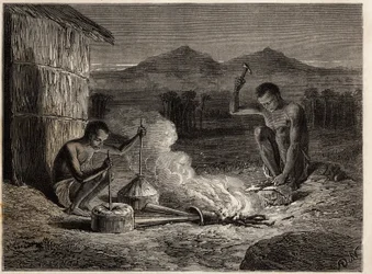 Blacksmiths in Simiango, on the banks of the Zambese River. Engraving to illustrate Dr. Livingstone
