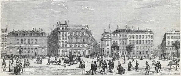 Boulevard des Italians with the café de Paris, the rue Taitbout, the house doree, the rue Lafitte, the cafe Riche and rue Lepelletier - Engraving in Tableau-de-Paris by Edmond Texier 1852