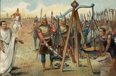 Brennus putting his sword in the balance, 390 BC: Rome sacked by the Gauls led by their chief Brennus (Brennos). Faced with the resistance of the Romans, Brennus agreed to deal with the Roman military tribune Quintus Sulpicius: he left Rome in return for