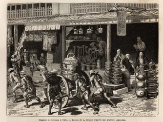 Bronze Shop in Yedo (Present-day Tokyo), Speciality of the City, Presenting Objects of Buddhist Worship and Household Items