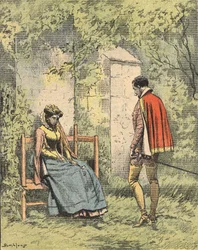 Bussy and Diane, known as Madame de Monsoreau, in the garden ready of the Church. Illustration of the novel “La Dame de Monsoreau” by Alexandre Dumas in the “Journal des novels populaires illustrés”