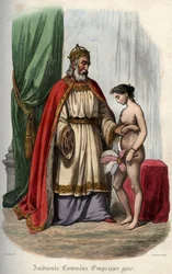 Byzantine emperor Andronikos I Komnenos, also known as Andronicus I Comnenus (c. 1118-1185), also Andronic I Comnene, and his wife Agnes of France (1171-1240), who is forced to appear naked for his orgy. Engraving from 1842 in “Histoire des popes” by