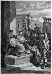 Captivity of Caratacus with his family addresses the Roman Emperor Claudius - Engraving in 