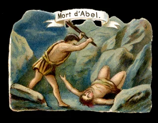 Cain killing his younger brother Abel out of jealousy (Children of Adam and Eve). Chromolithography of the 19th century.